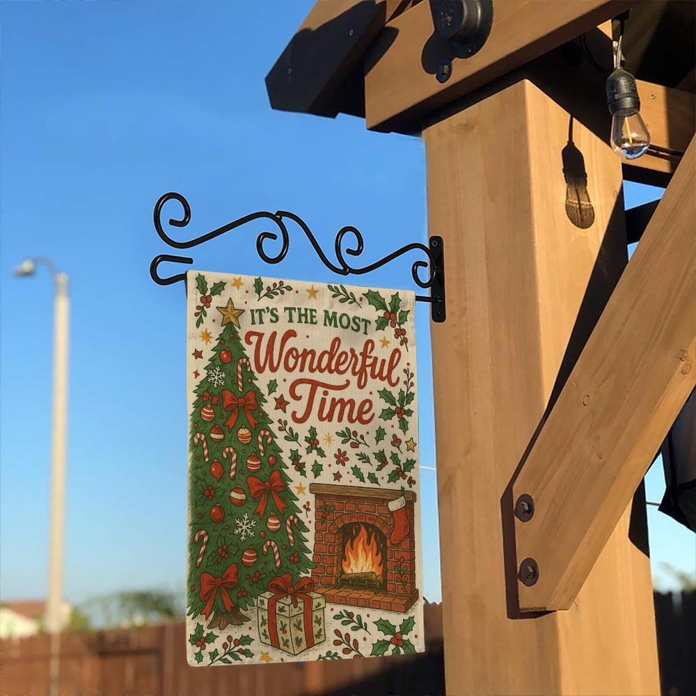 Christmas Garden Flag – Holiday Outdoor Decoration with Tree, Fireplace, and Holly Design
