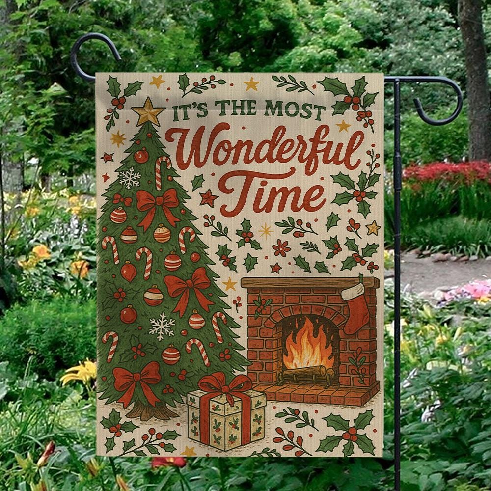 Christmas Garden Flag – Holiday Outdoor Decoration with Tree, Fireplace, and Holly Design