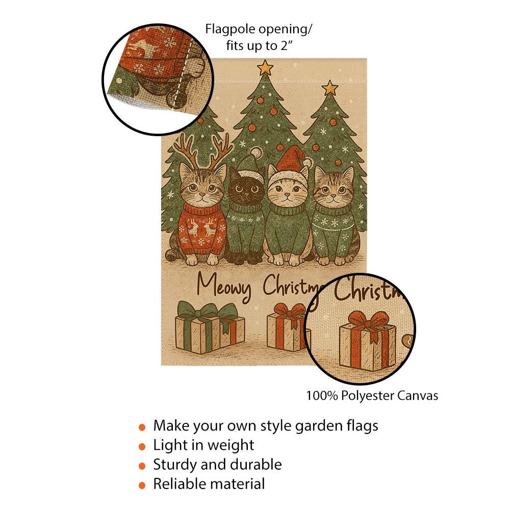 Christmas Cat Garden Flag – Holiday Outdoor Decoration with Cats, Trees, and Gifts Design