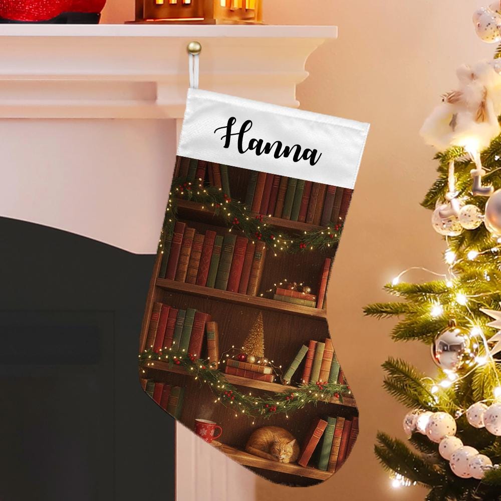 Personalized Book Lover Christmas Stocking: Library Cat Holiday Decor