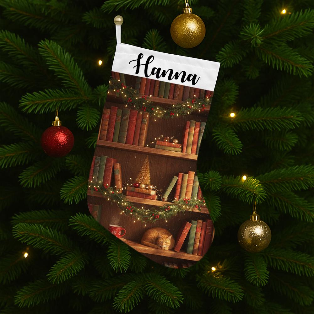 Personalized Book Lover Christmas Stocking: Library Cat Holiday Decor