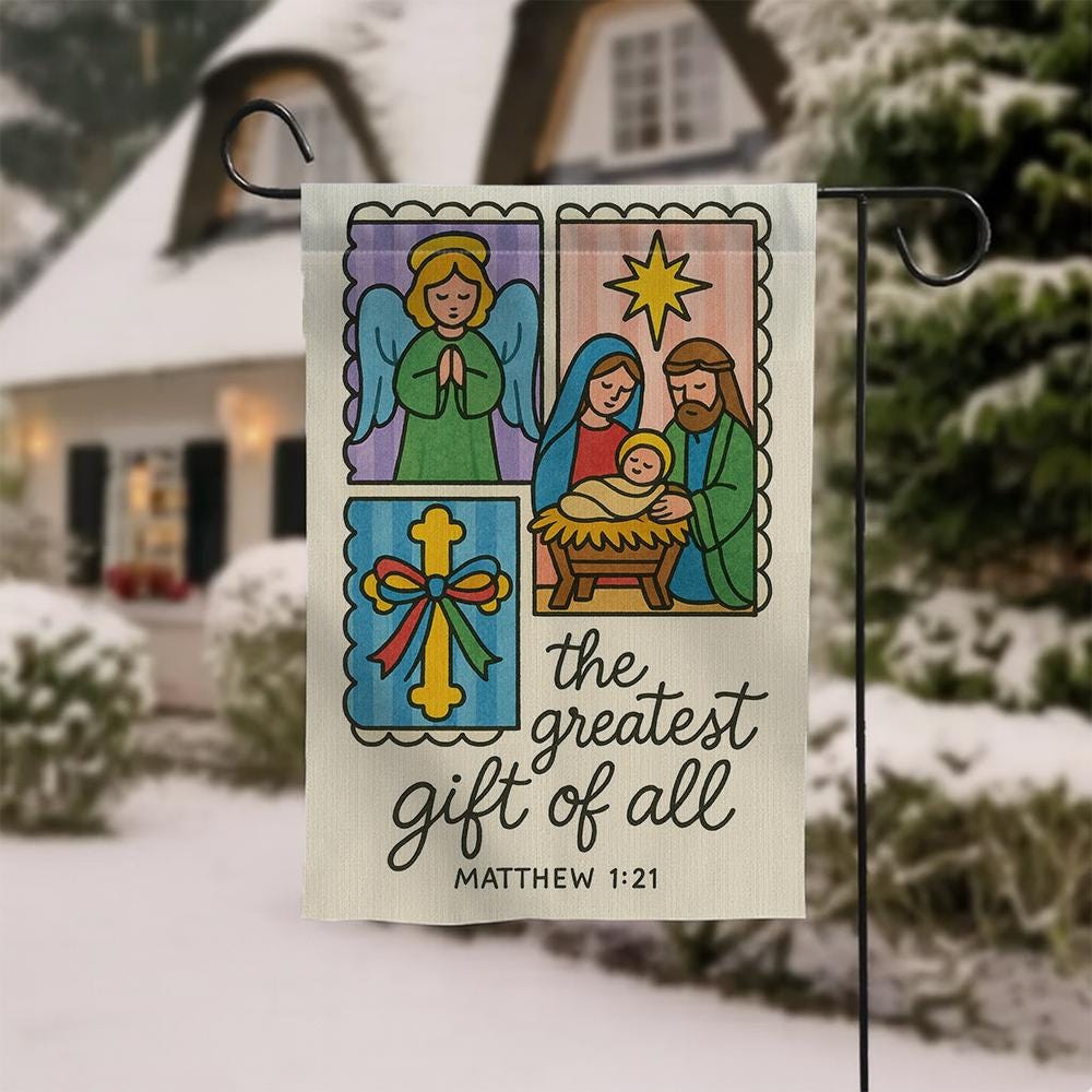 Religious Christmas Garden Flag – Outdoor Nativity Decoration with Angel Cross and Holy Family