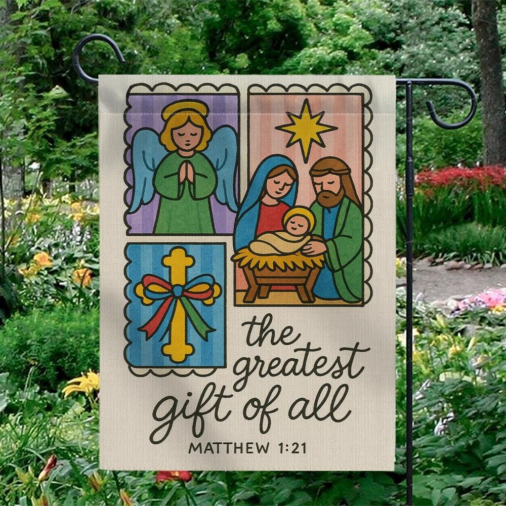 Religious Christmas Garden Flag – Outdoor Nativity Decoration with Angel Cross and Holy Family