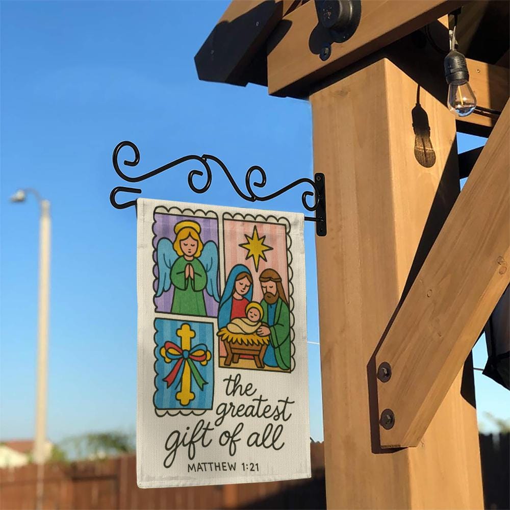 Religious Christmas Garden Flag – Outdoor Nativity Decoration with Angel Cross and Holy Family