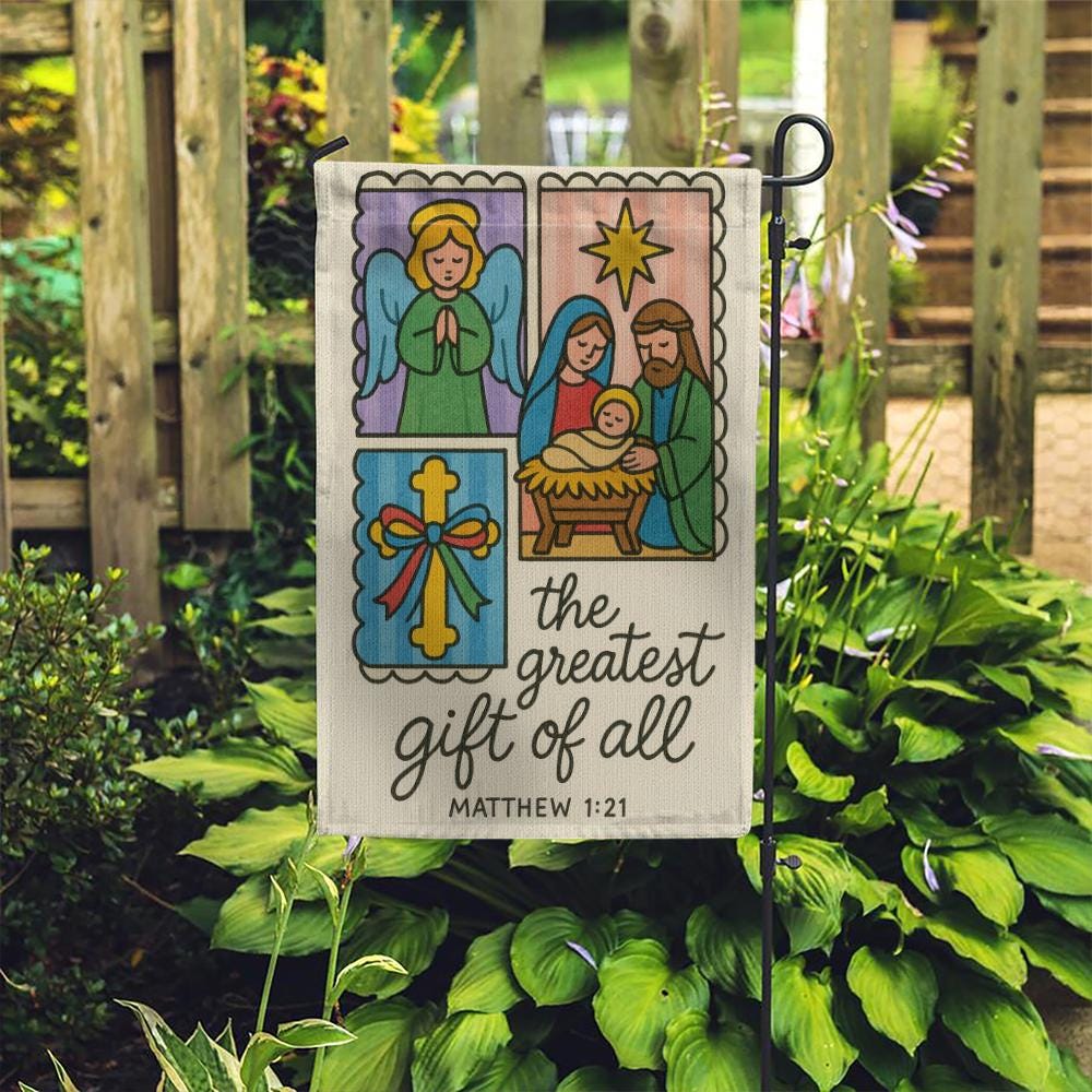 Religious Christmas Garden Flag – Outdoor Nativity Decoration with Angel Cross and Holy Family