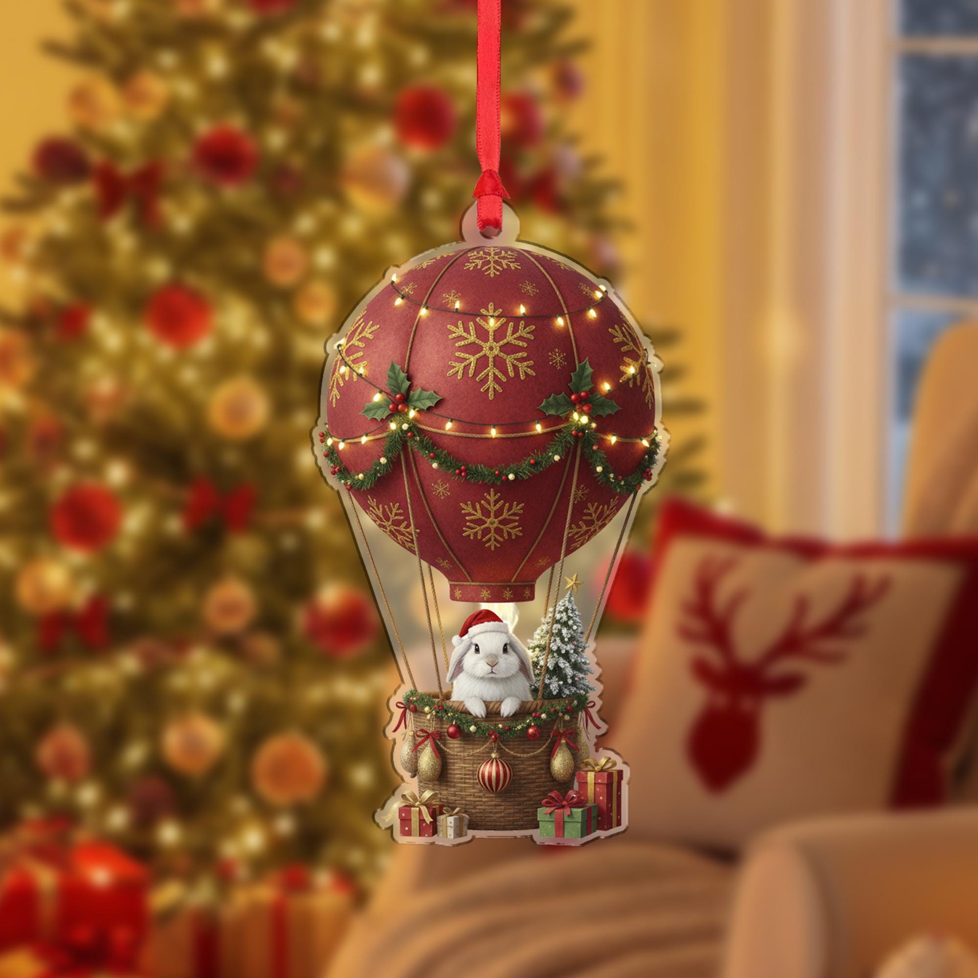 Christmas Hot Air Balloon Ornament with Bunny and Gifts – Red Gold Snowflake Design