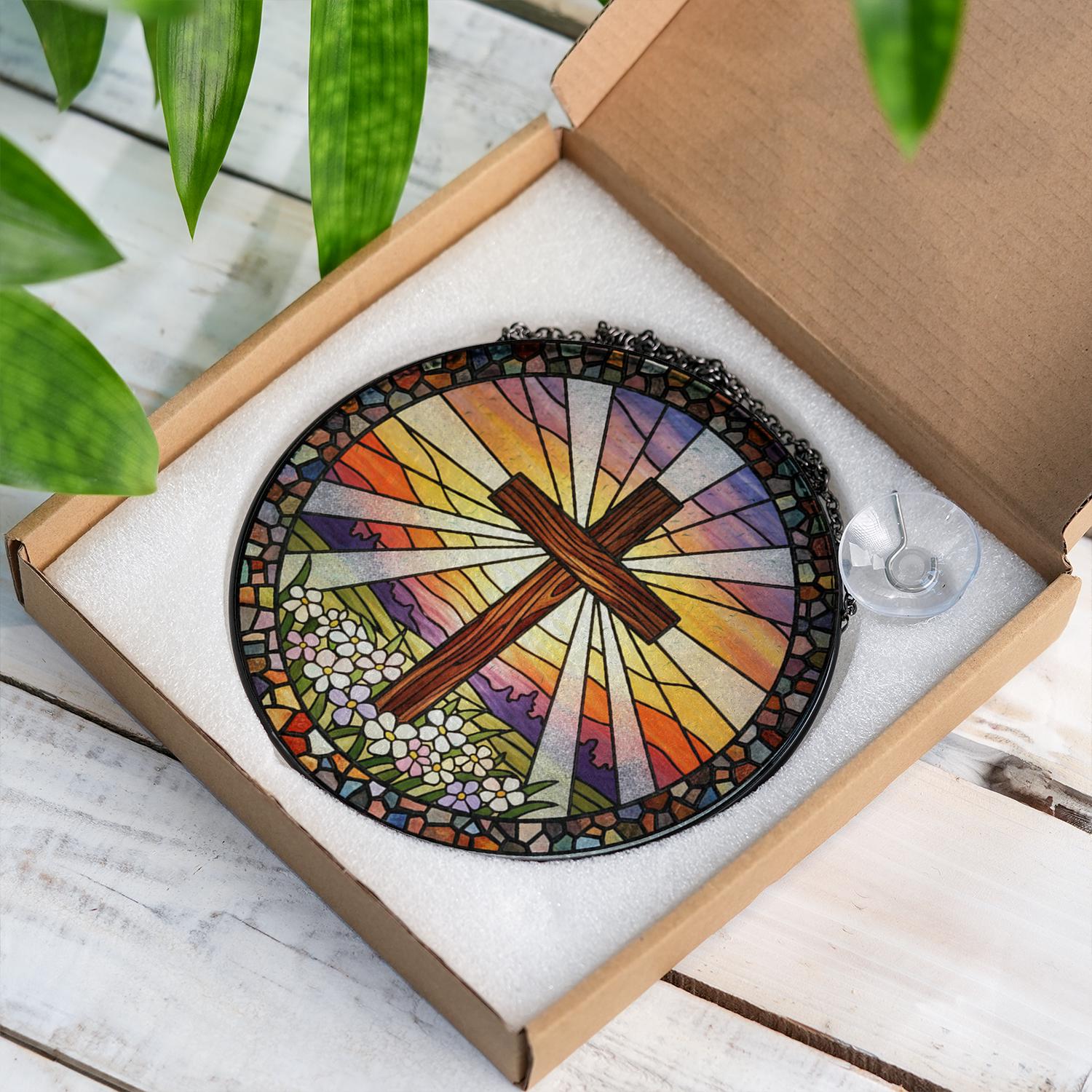 Christian Cross Glass Suncatcher – Religious Window Hanging with Stained Glass Sunrise Design