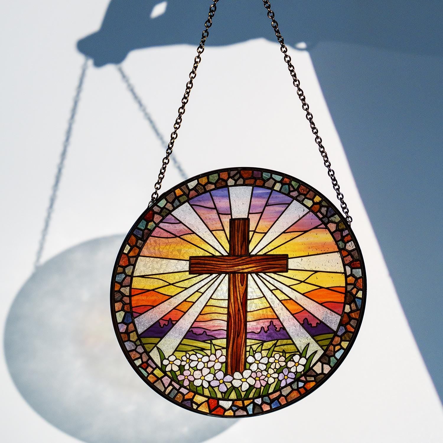 Christian Cross Glass Suncatcher – Religious Window Hanging with Stained Glass Sunrise Design