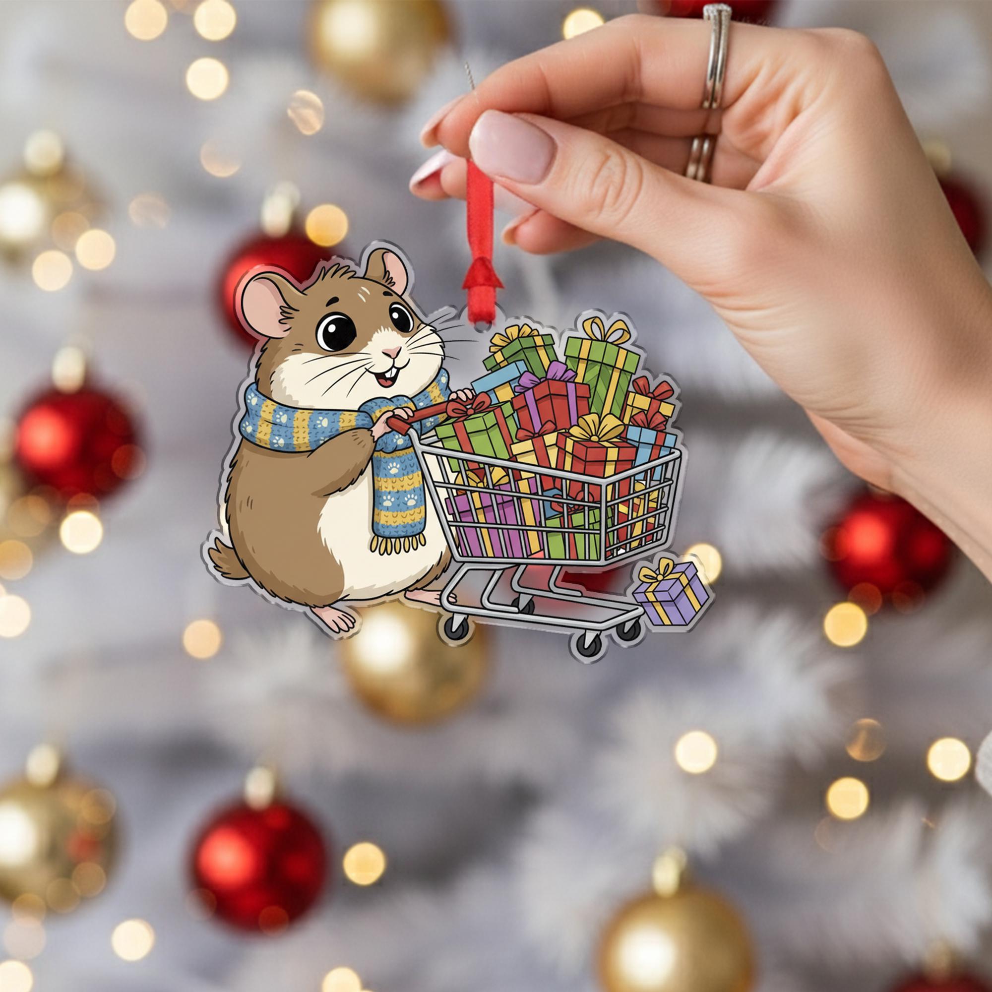 Hamster Ornament with Shopping Cart and Presents – Holiday Animal Decoration