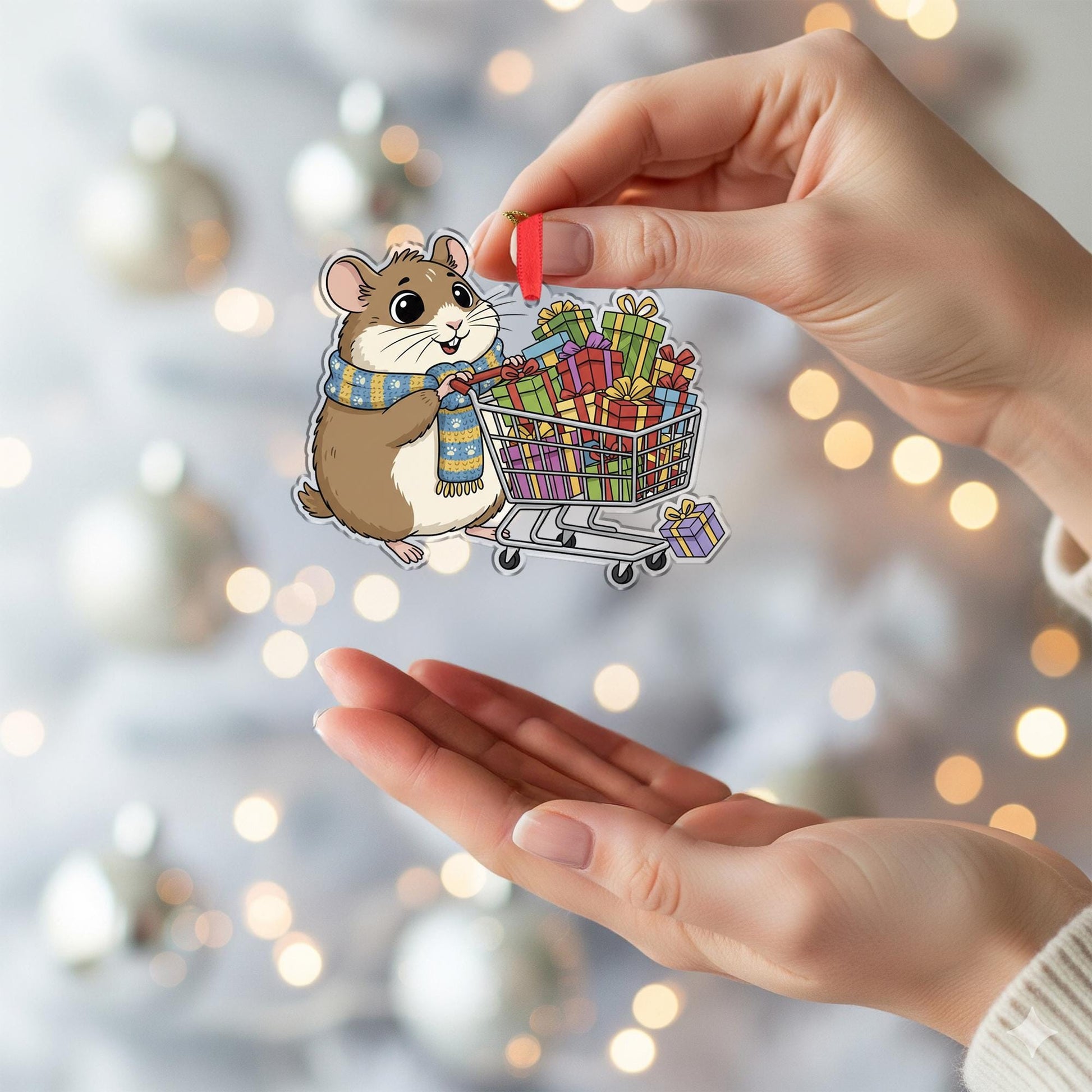 Hamster Ornament with Shopping Cart and Presents – Holiday Animal Decoration
