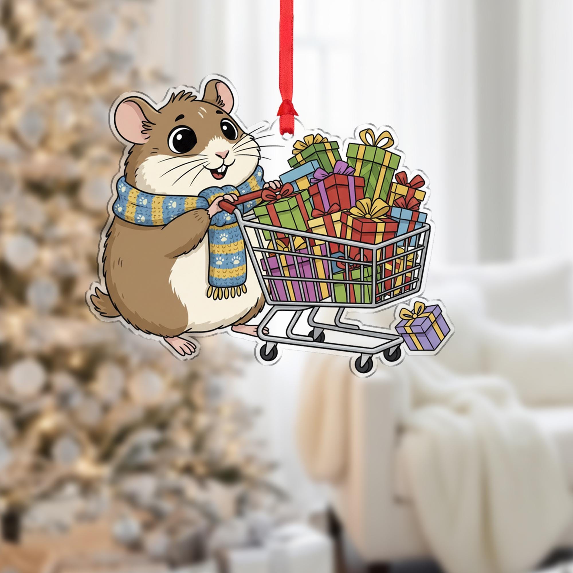 Hamster Ornament with Shopping Cart and Presents – Holiday Animal Decoration