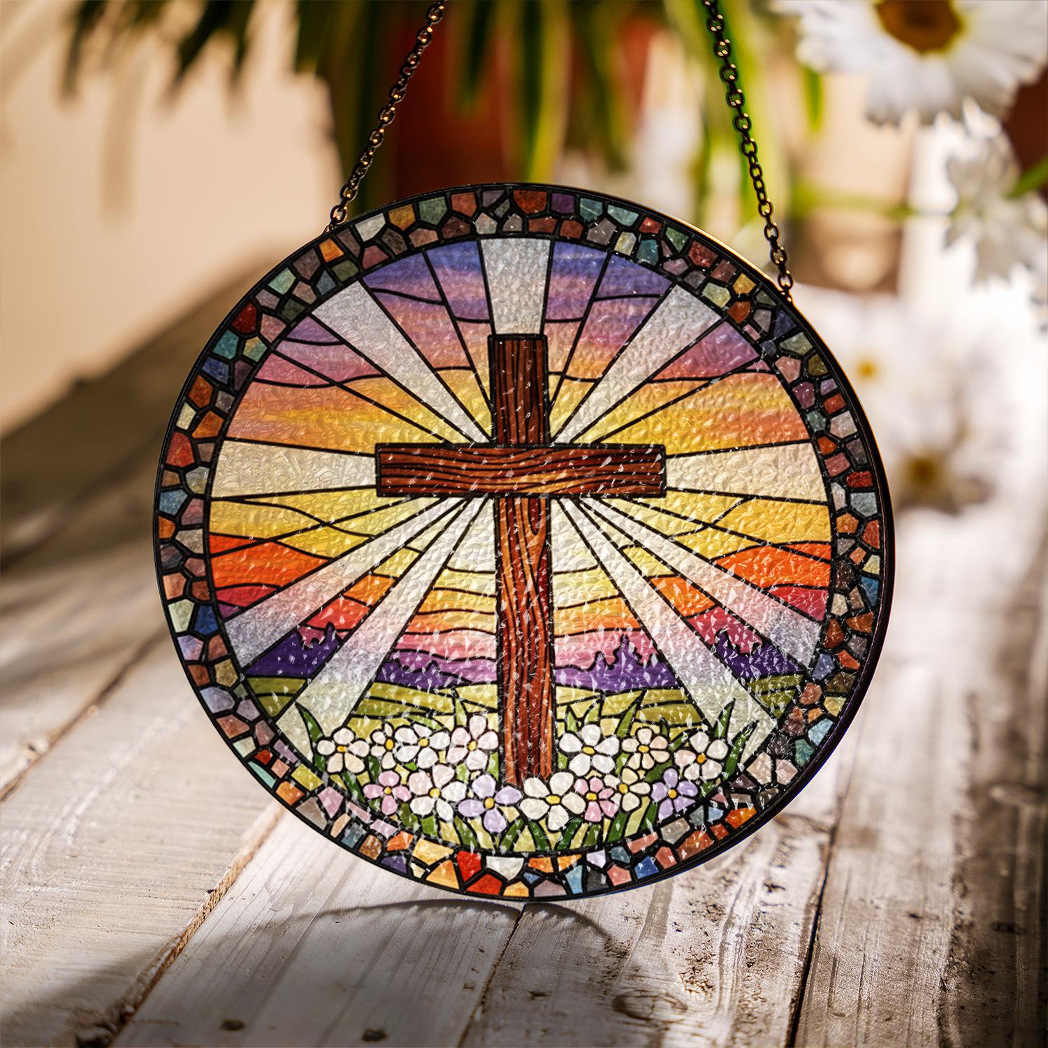 Christian Cross Glass Suncatcher – Religious Window Hanging with Stained Glass Sunrise Design