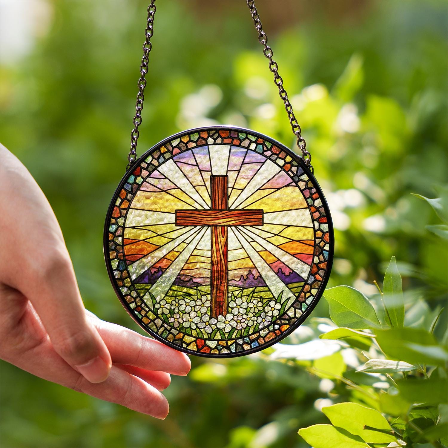 Christian Cross Glass Suncatcher – Religious Window Hanging with Stained Glass Sunrise Design