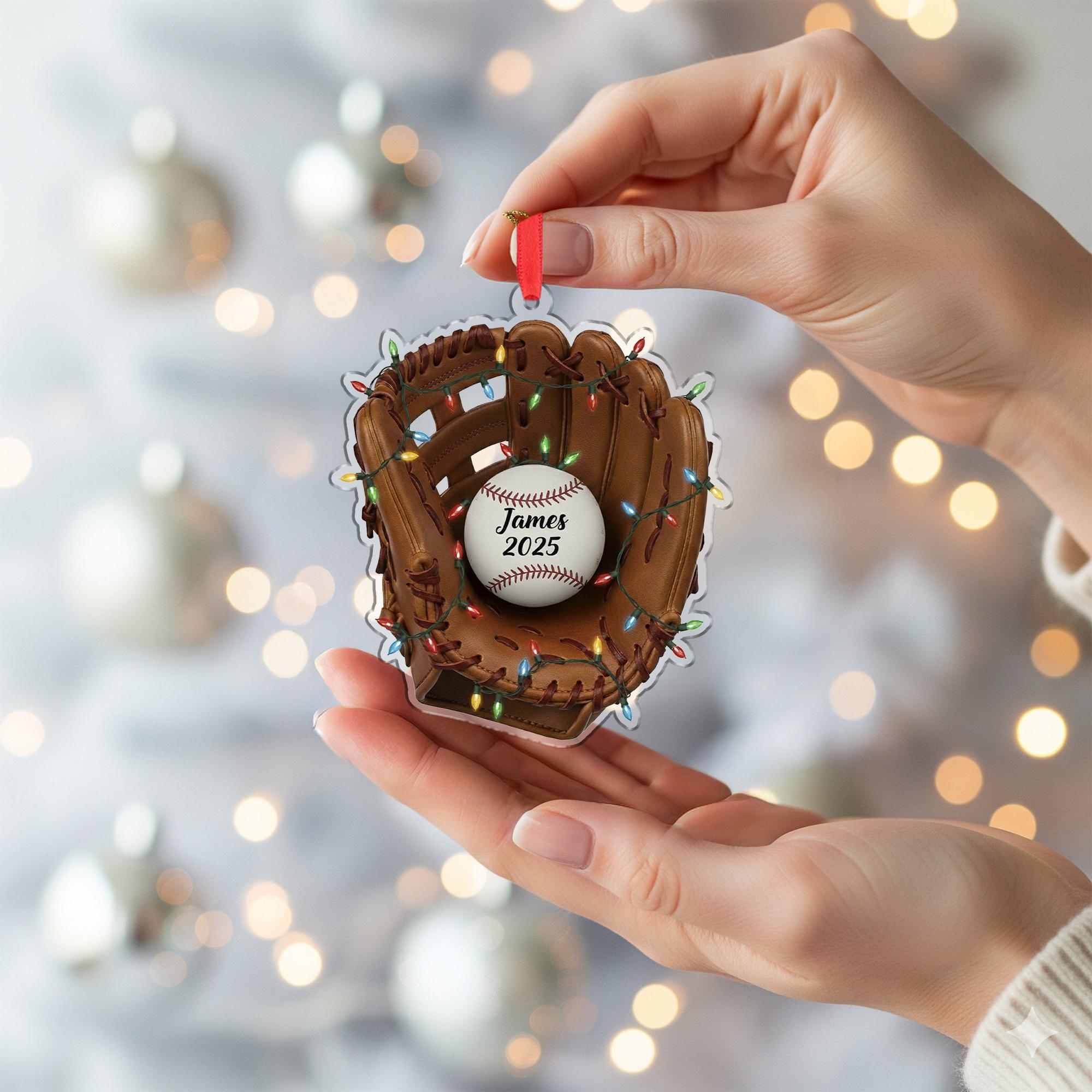 Personalized Baseball Glove Ornament – Custom Sports Christmas Tree Decoration with Name and Year