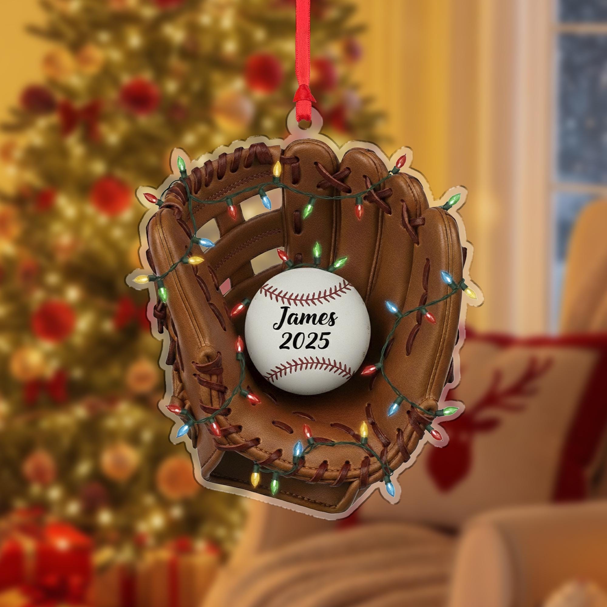Personalized Baseball Glove Ornament – Custom Sports Christmas Tree Decoration with Name and Year