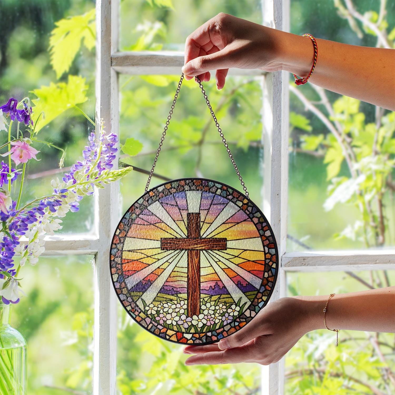 Christian Cross Glass Suncatcher – Religious Window Hanging with Stained Glass Sunrise Design