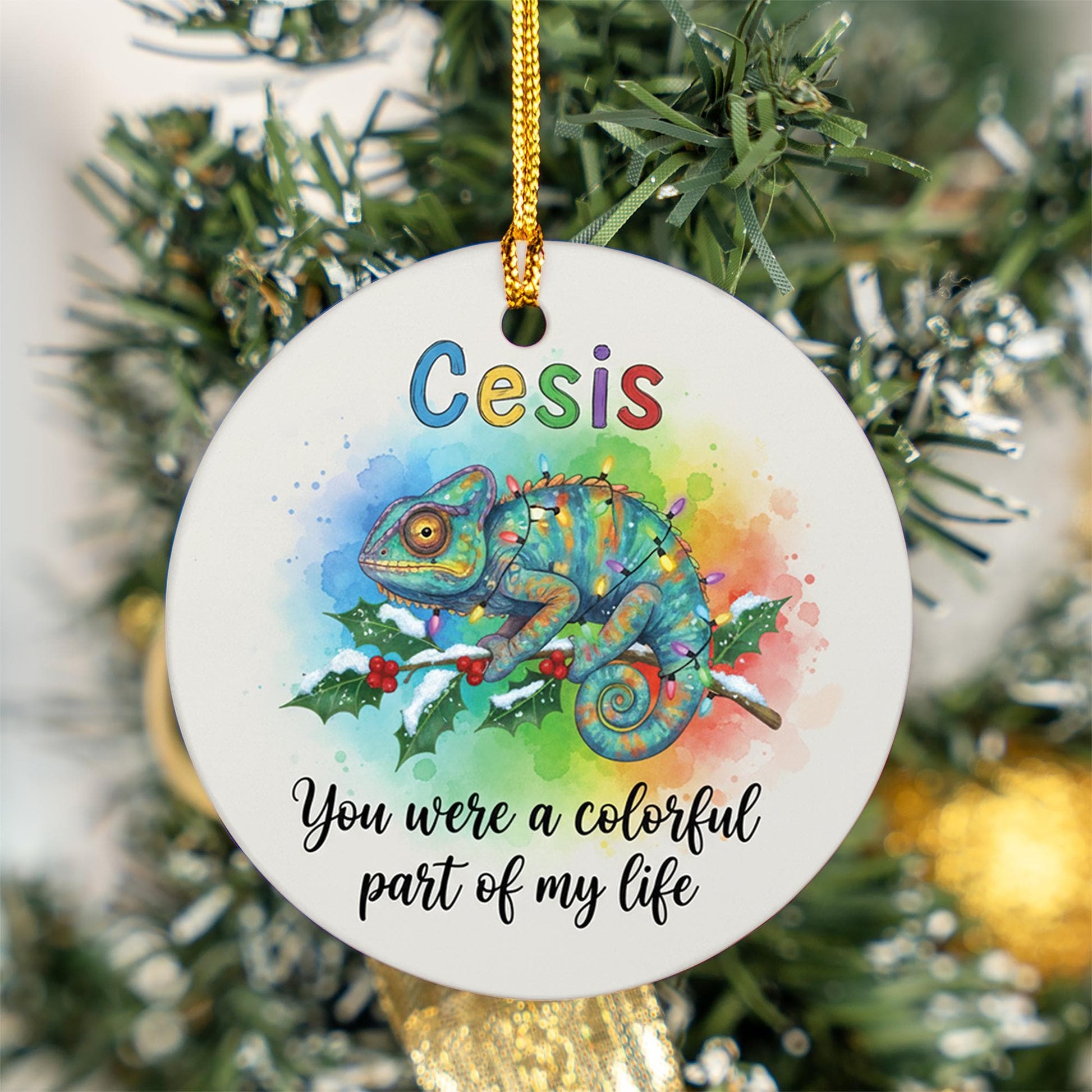 Ceramic Ornament with Chameleon – Watercolor Rainbow Animal Design