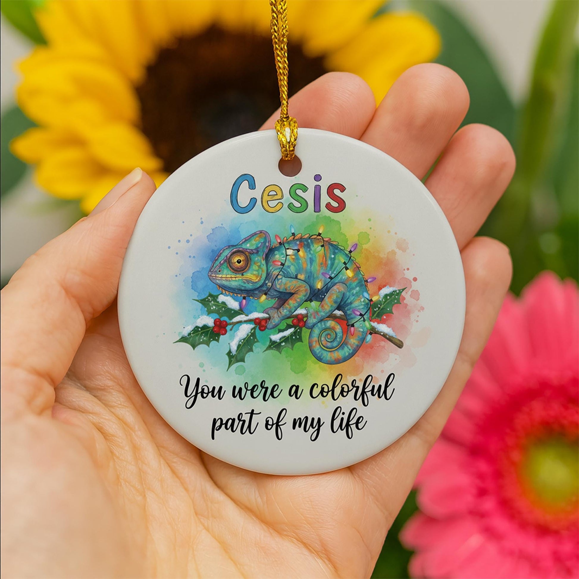 Ceramic Ornament with Chameleon – Watercolor Rainbow Animal Design