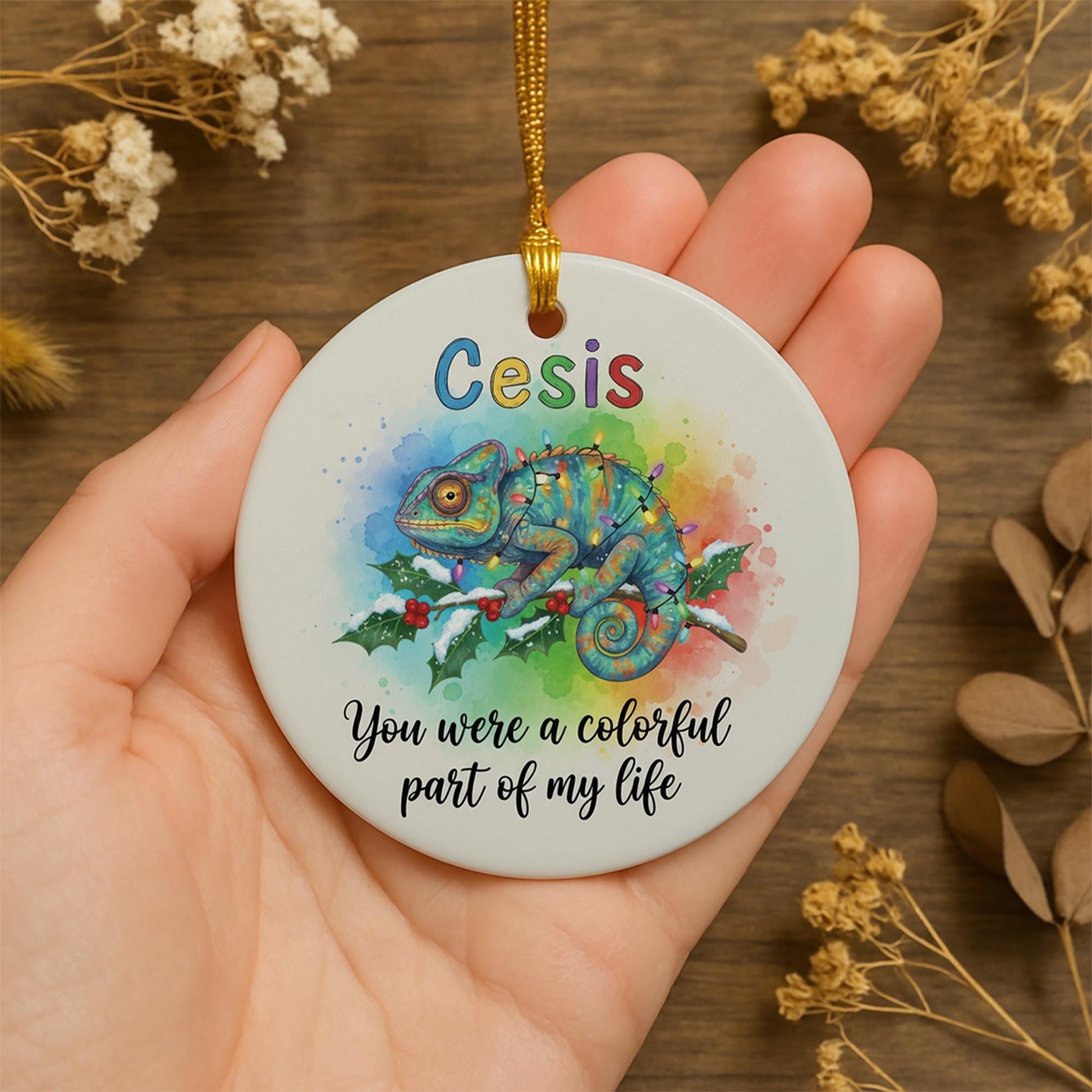 Ceramic Ornament with Chameleon – Watercolor Rainbow Animal Design