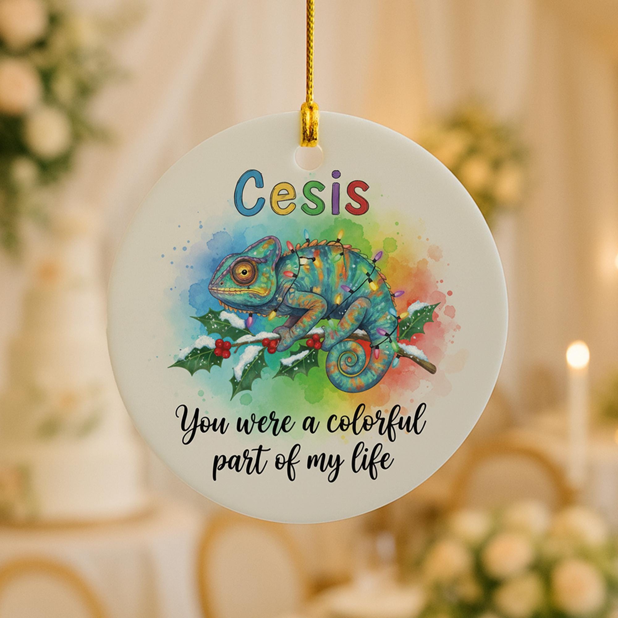 Ceramic Ornament with Chameleon – Watercolor Rainbow Animal Design