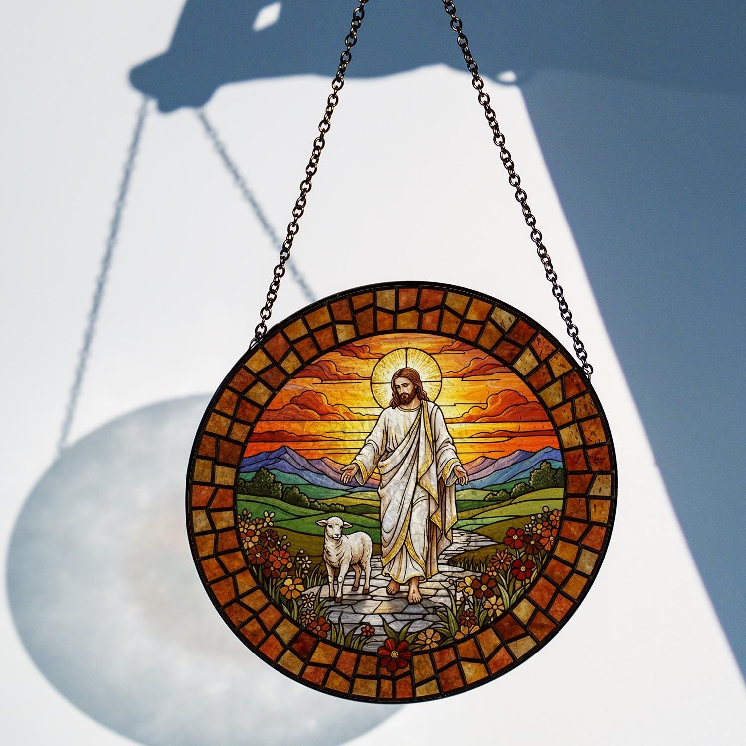 Jesus Walking with Lamb Stained Glass Suncatcher – Religious Window Decoration with Sunset Design
