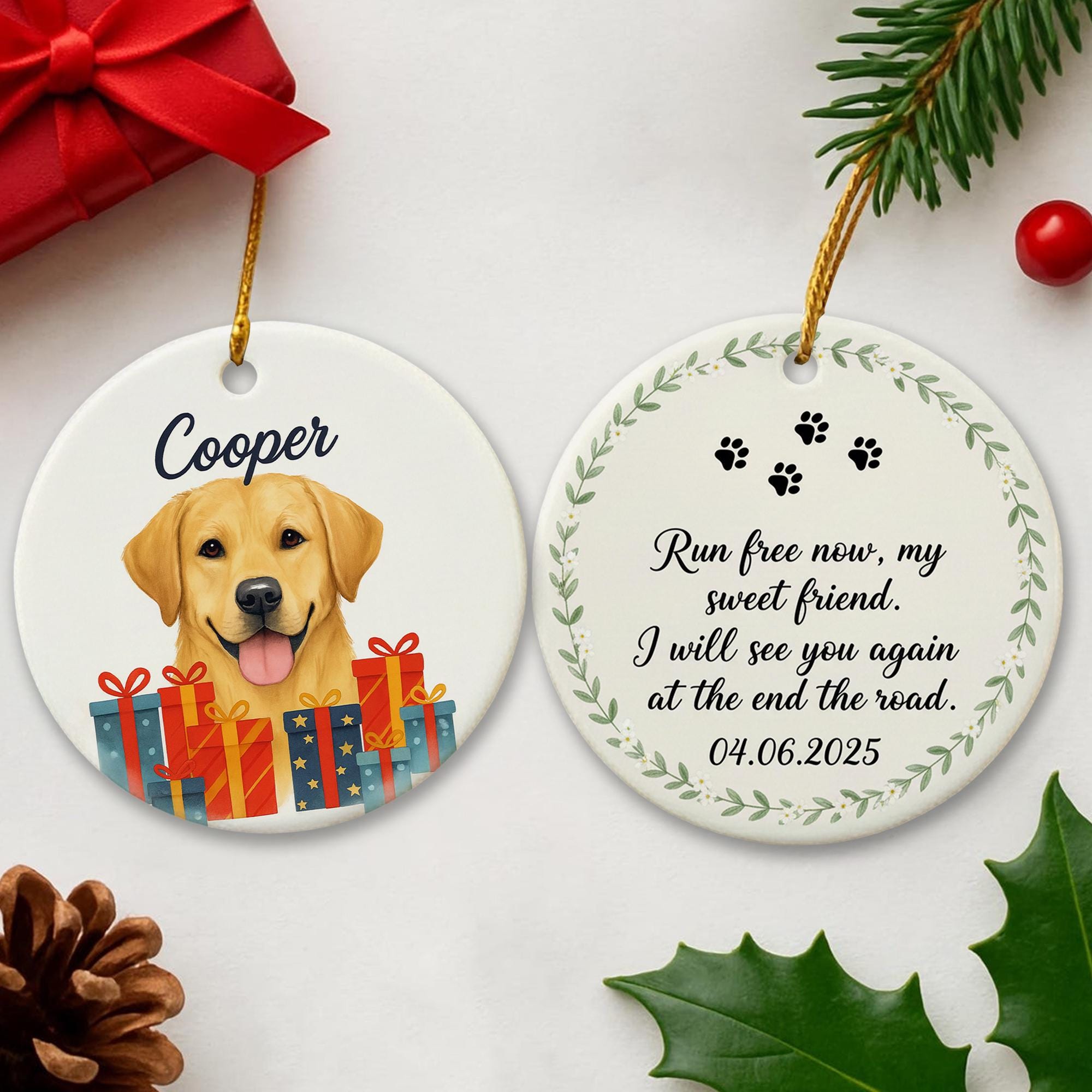 Ceramic Dog Ornament – Pet Memorial with Custom Name and Paw Print