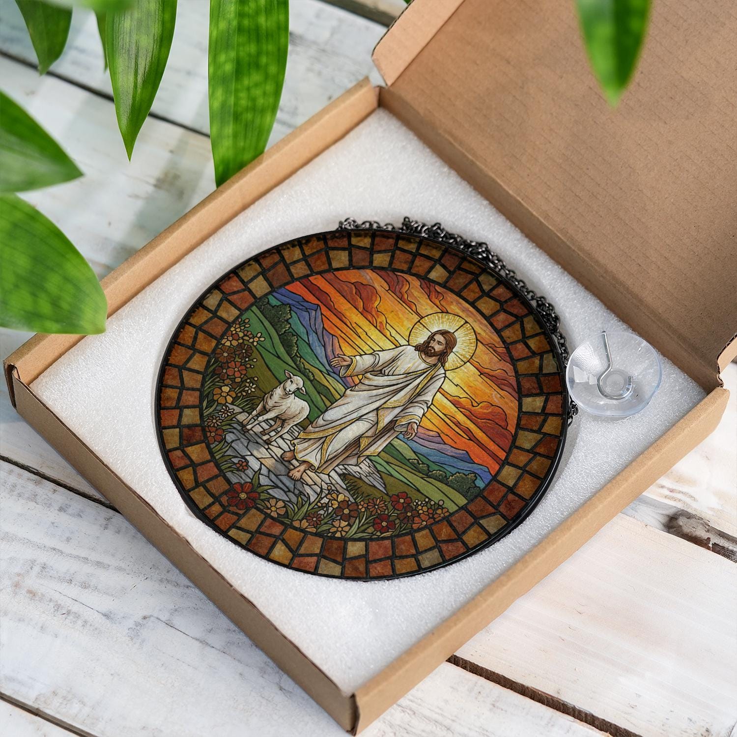 Jesus Walking with Lamb Stained Glass Suncatcher – Religious Window Decoration with Sunset Design