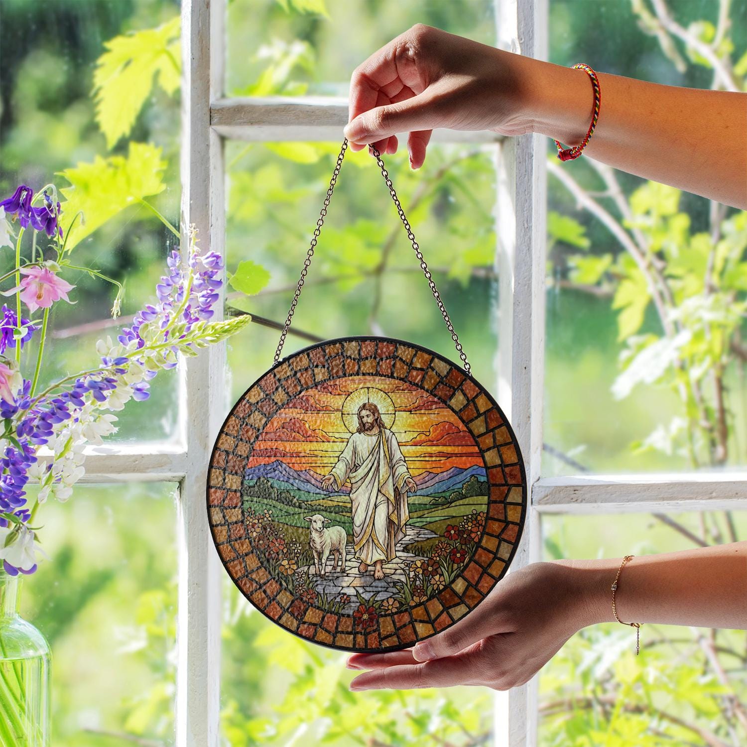 Jesus Walking with Lamb Stained Glass Suncatcher – Religious Window Decoration with Sunset Design