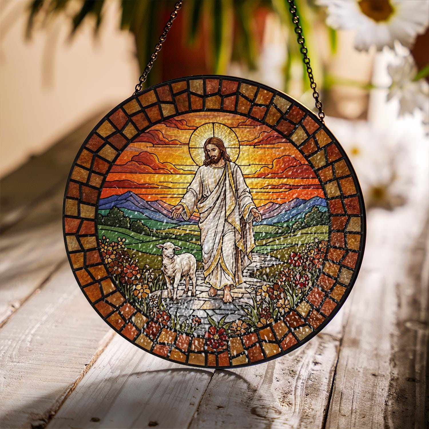Jesus Walking with Lamb Stained Glass Suncatcher – Religious Window Decoration with Sunset Design