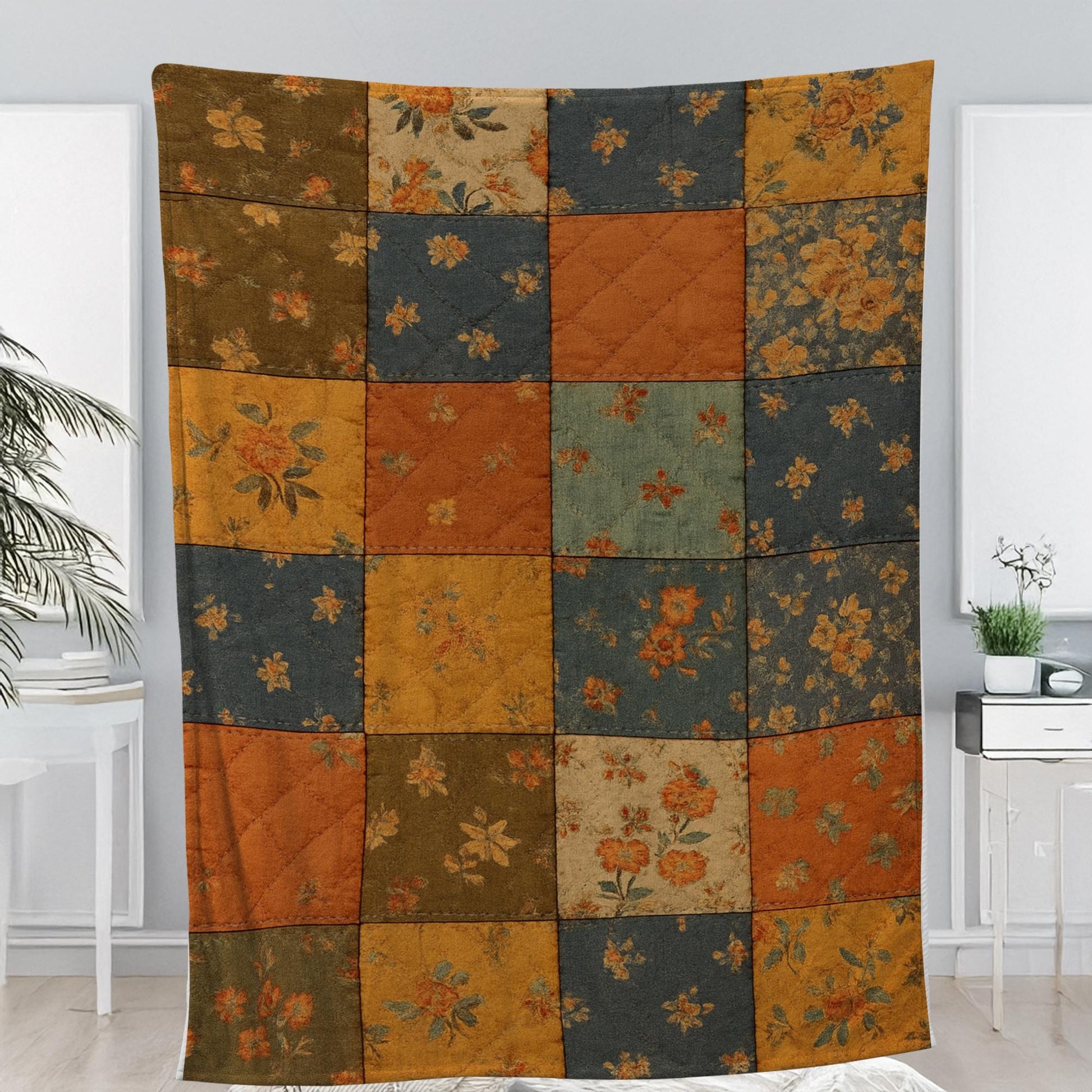 Rustic Floral Patchwork Throw Blanket: Autumn Colors, Cozy Farmhouse Decor