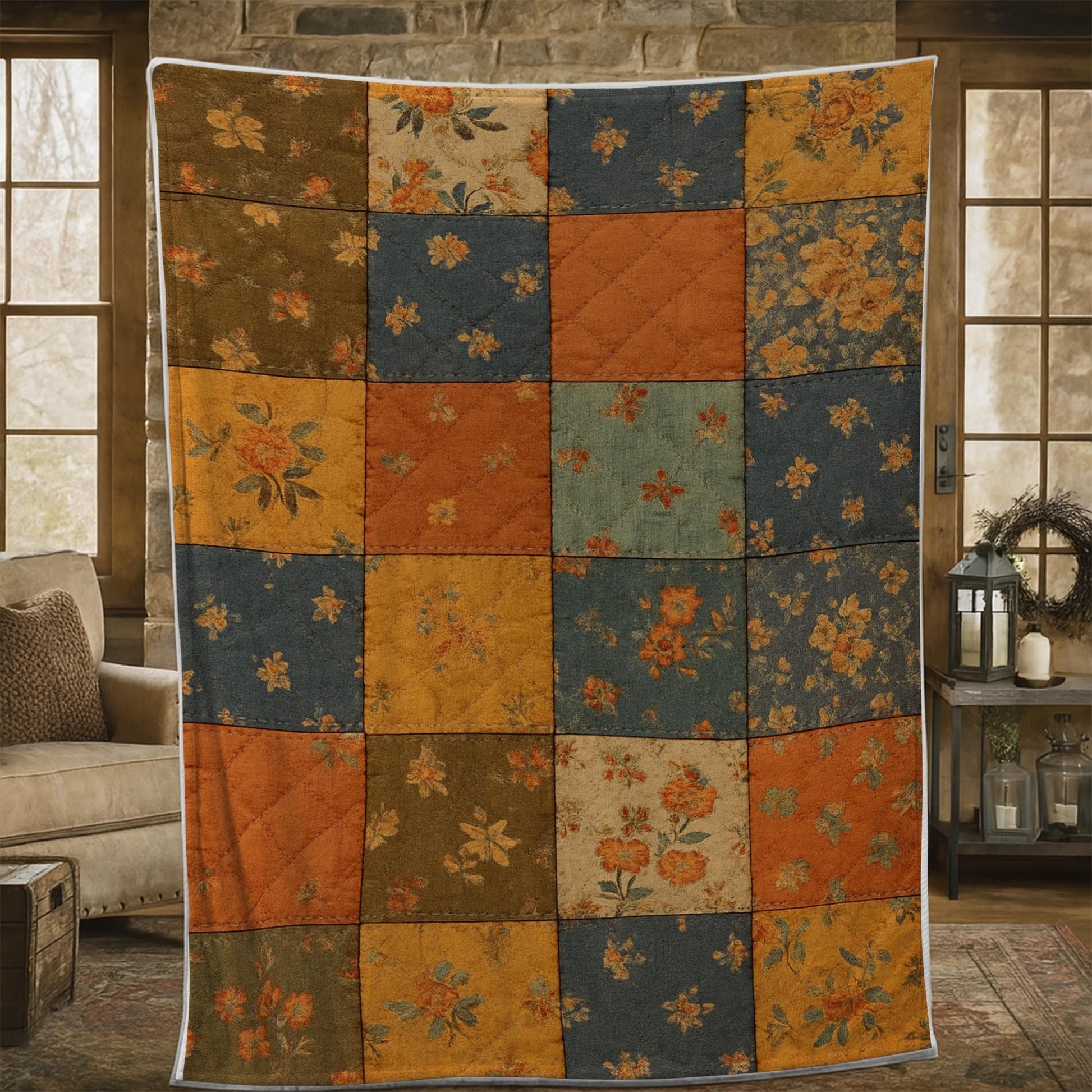 Rustic Floral Patchwork Throw Blanket: Autumn Colors, Cozy Farmhouse Decor