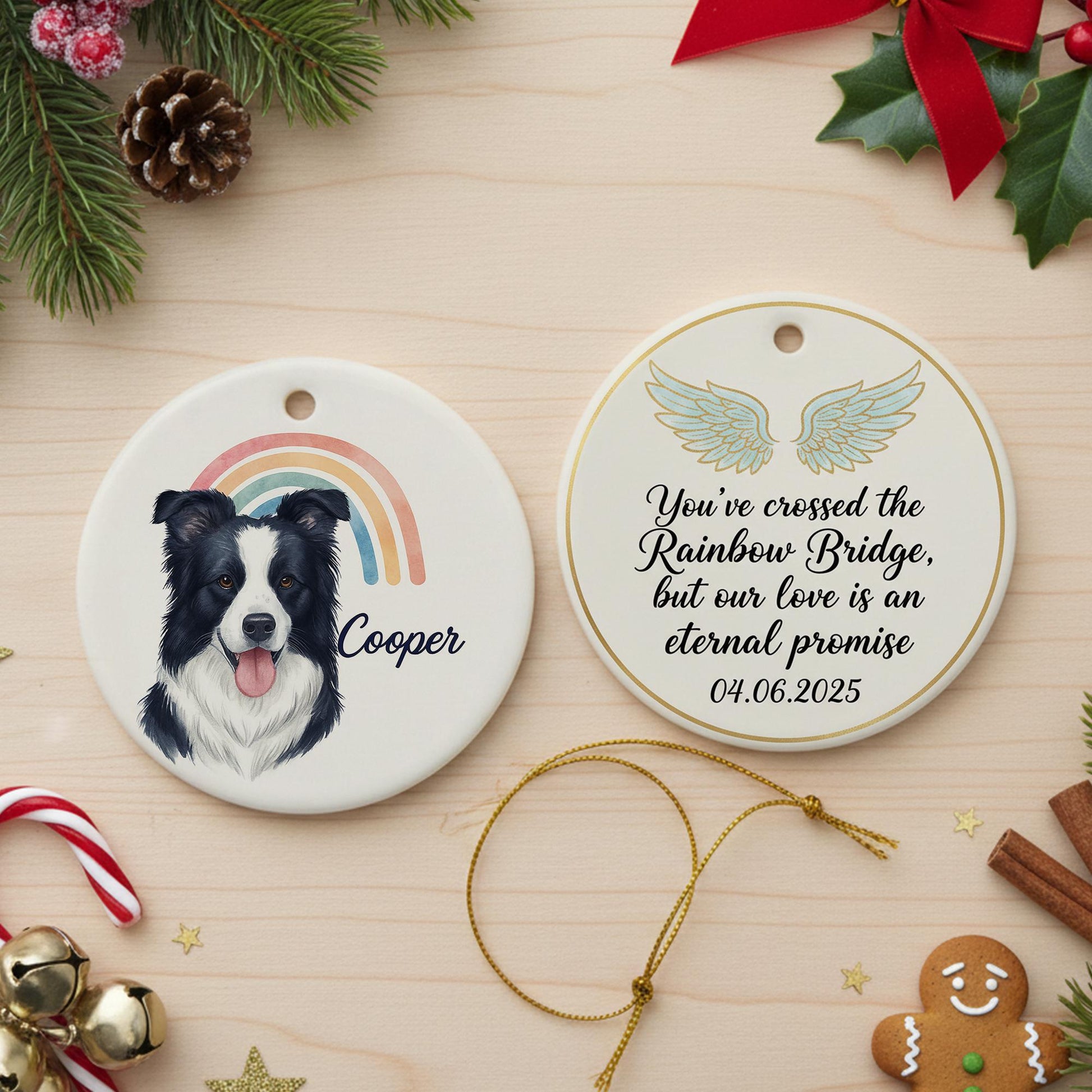 Ceramic Dog Ornament – Pet Memorial with Rainbow and Angel Wings