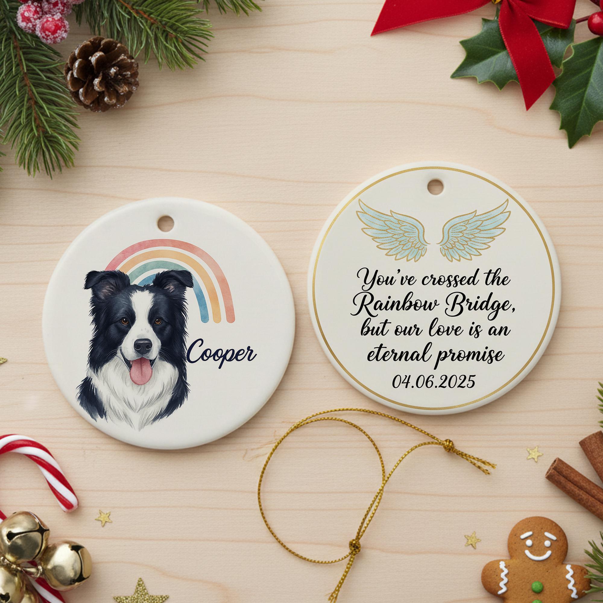 Ceramic Dog Ornament – Pet Memorial with Rainbow and Angel Wings