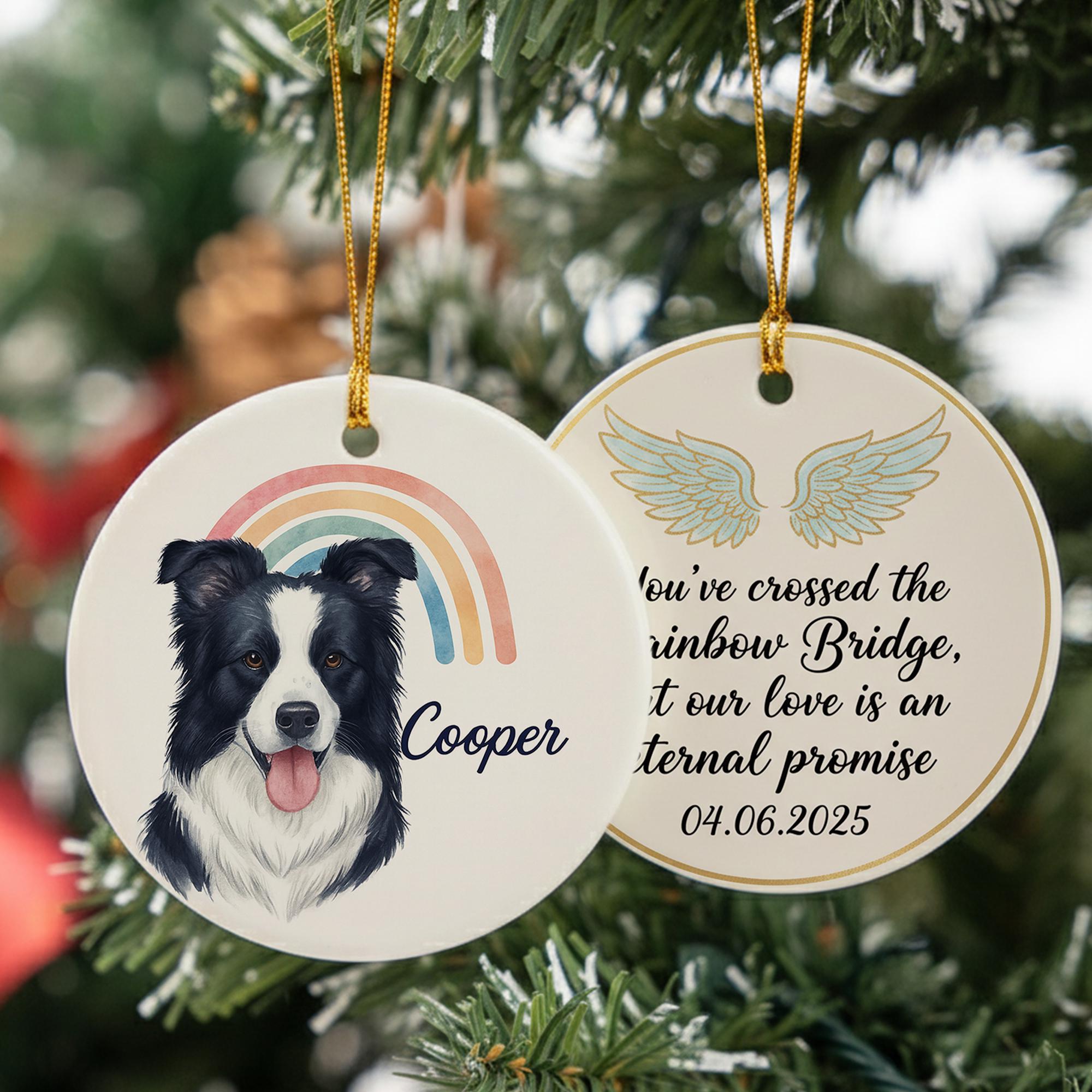 Ceramic Dog Ornament – Pet Memorial with Rainbow and Angel Wings