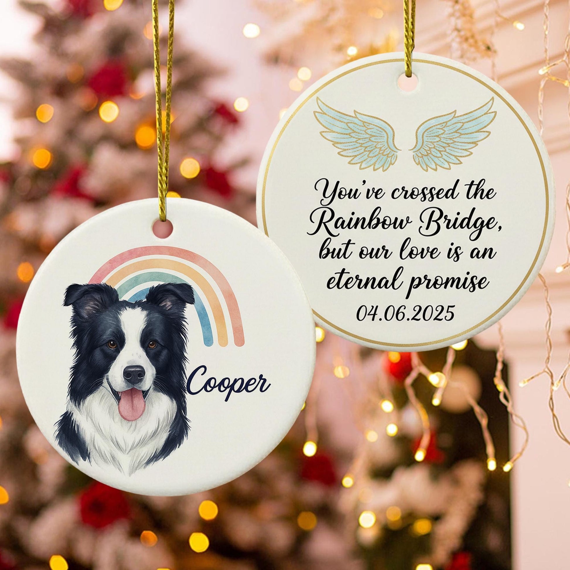 Ceramic Dog Ornament – Pet Memorial with Rainbow and Angel Wings