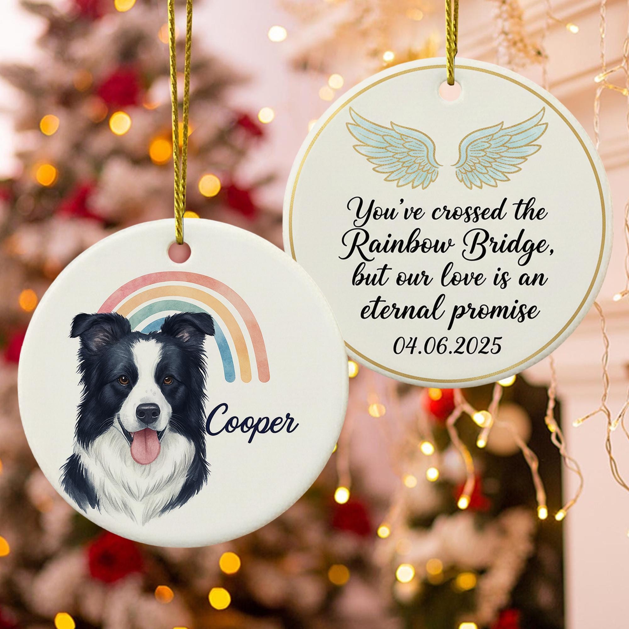 Ceramic Dog Ornament – Pet Memorial with Rainbow and Angel Wings