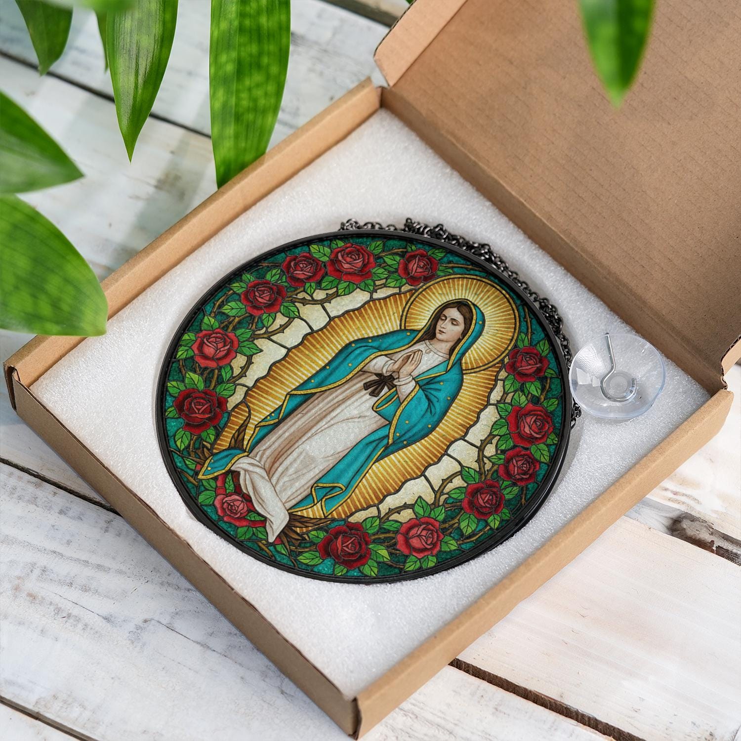 Virgin Mary Stained Glass Suncatcher – Religious Window Hanging with Roses and Halo Design