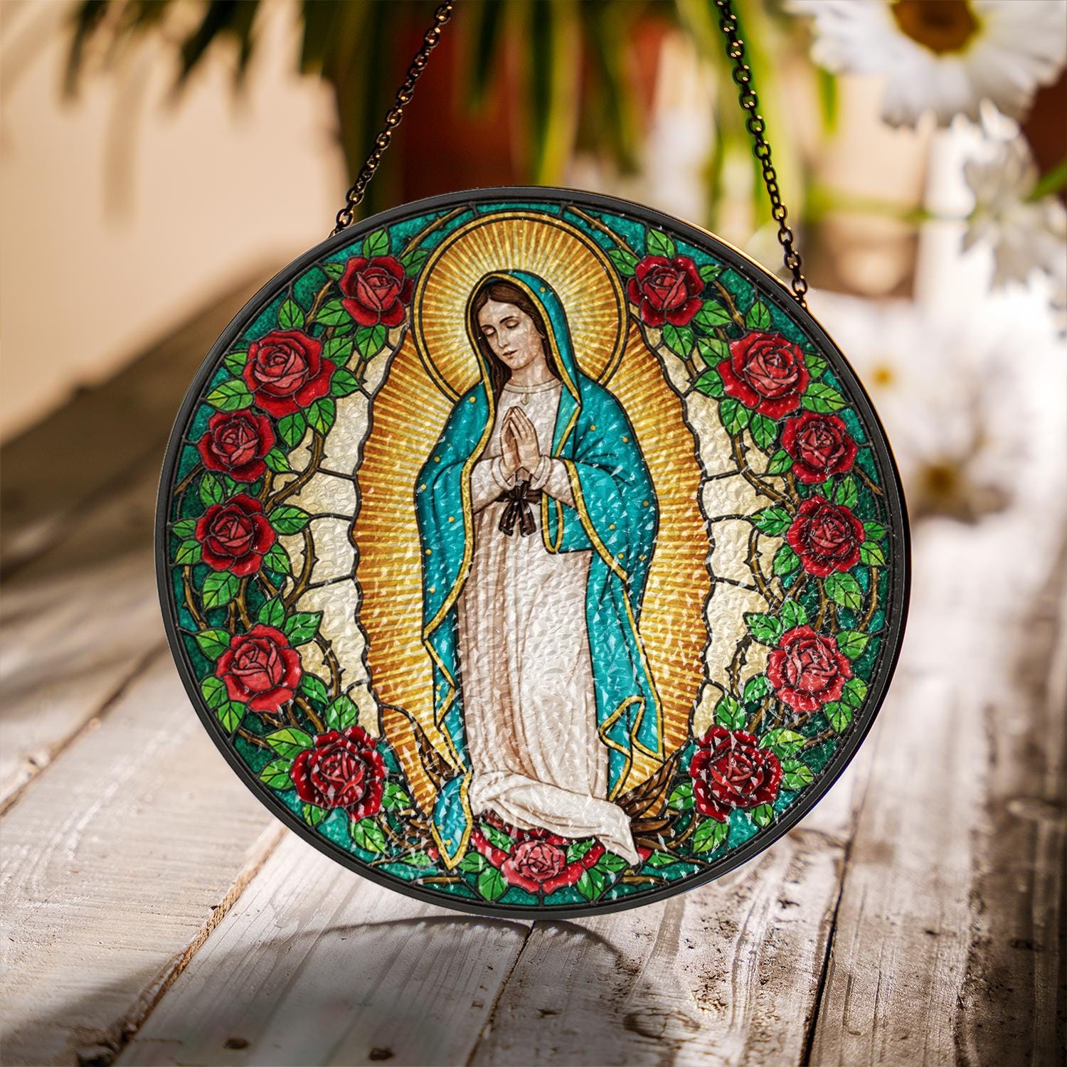 Virgin Mary Stained Glass Suncatcher – Religious Window Hanging with Roses and Halo Design