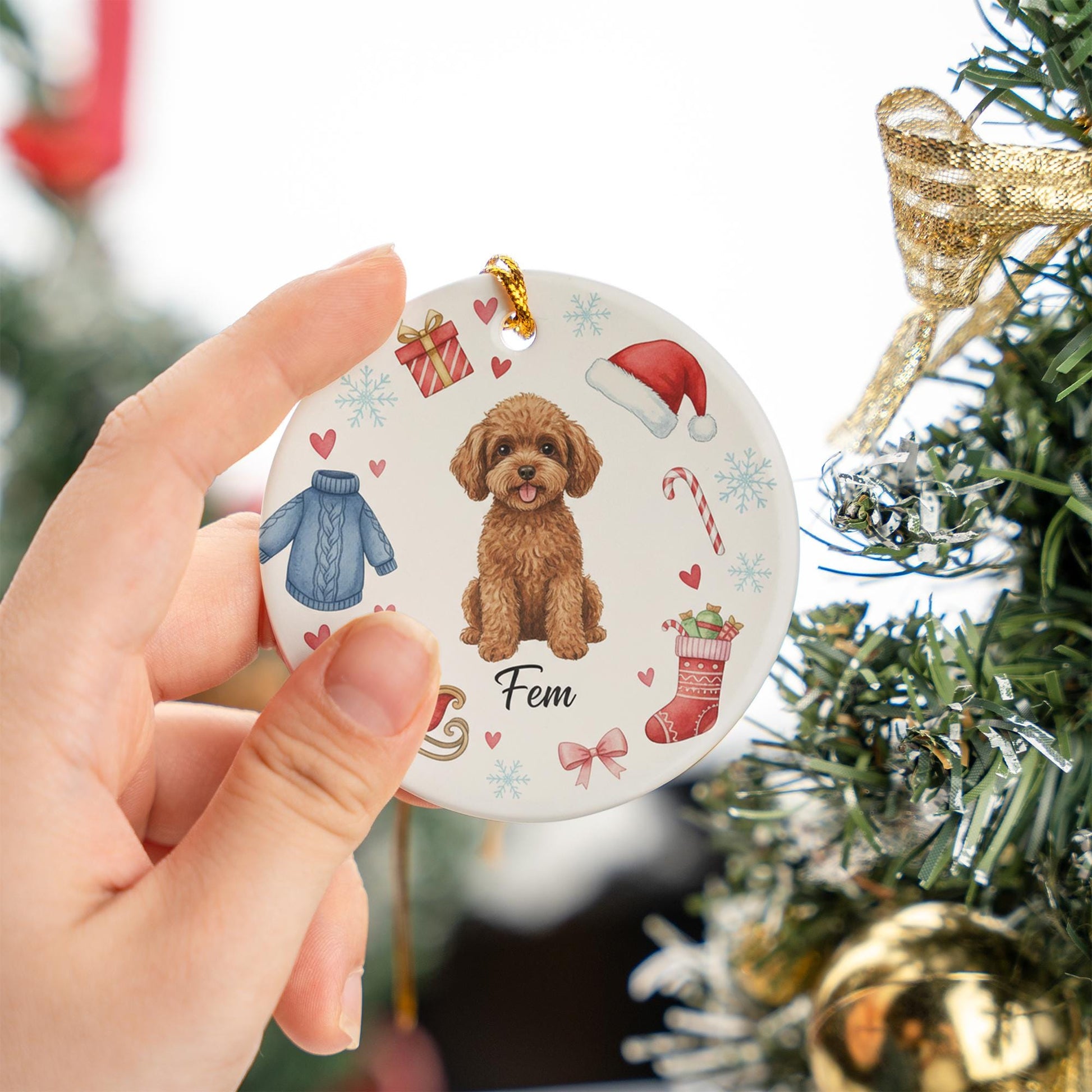 Ceramic Dog Ornament – Custom Pet Portrait with Christmas Icons