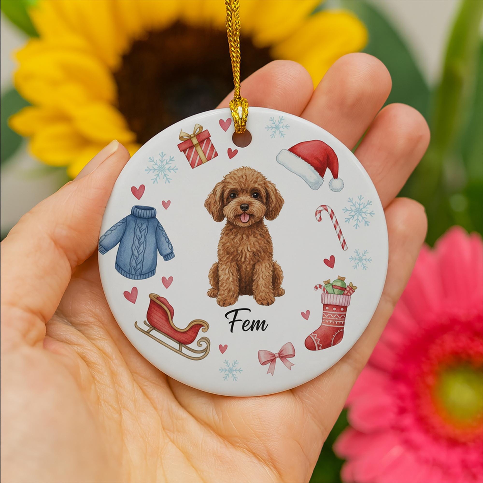 Ceramic Dog Ornament – Custom Pet Portrait with Christmas Icons