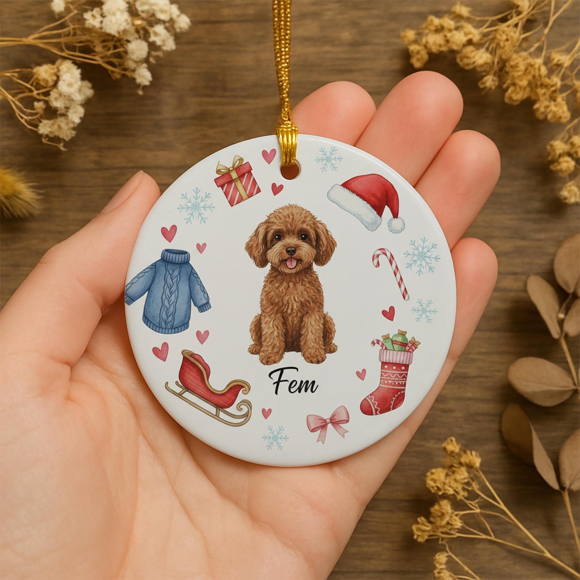 Ceramic Dog Ornament – Custom Pet Portrait with Christmas Icons