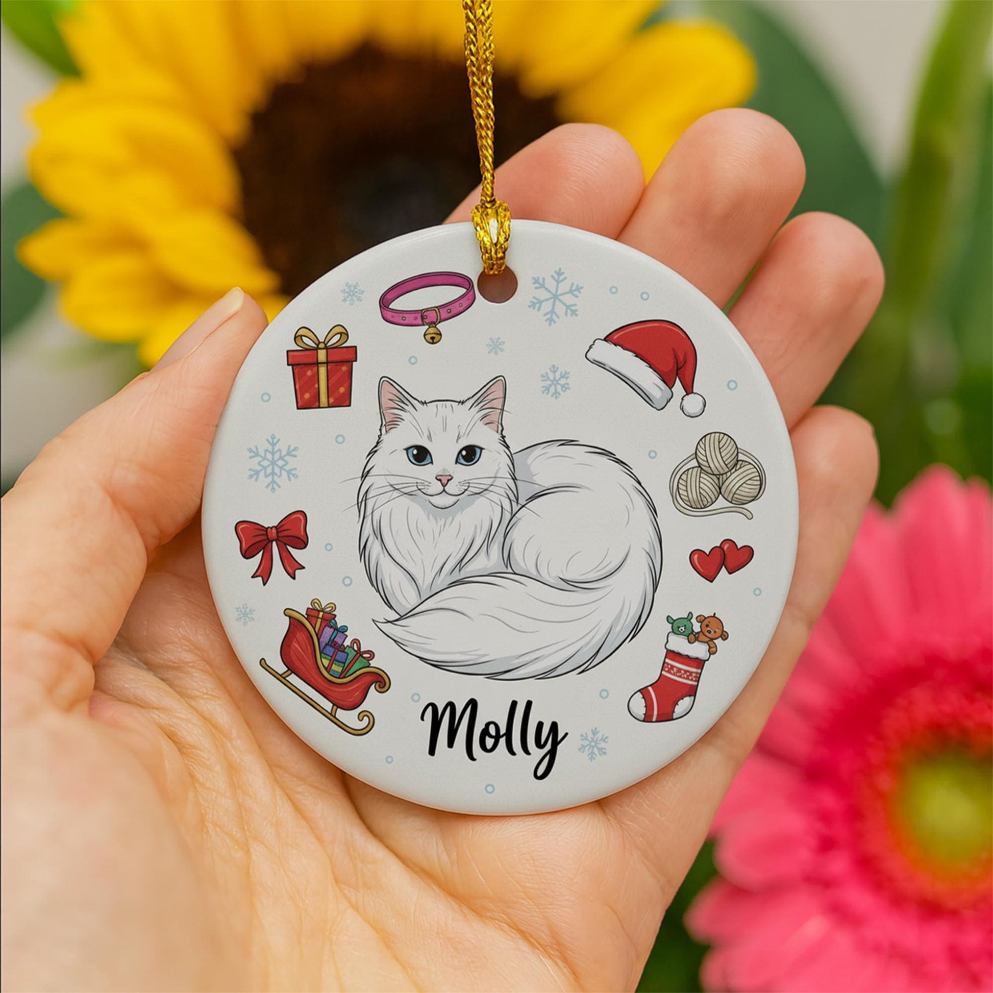 Ceramic Cat Ornament – Custom Pet Portrait with Christmas Icons