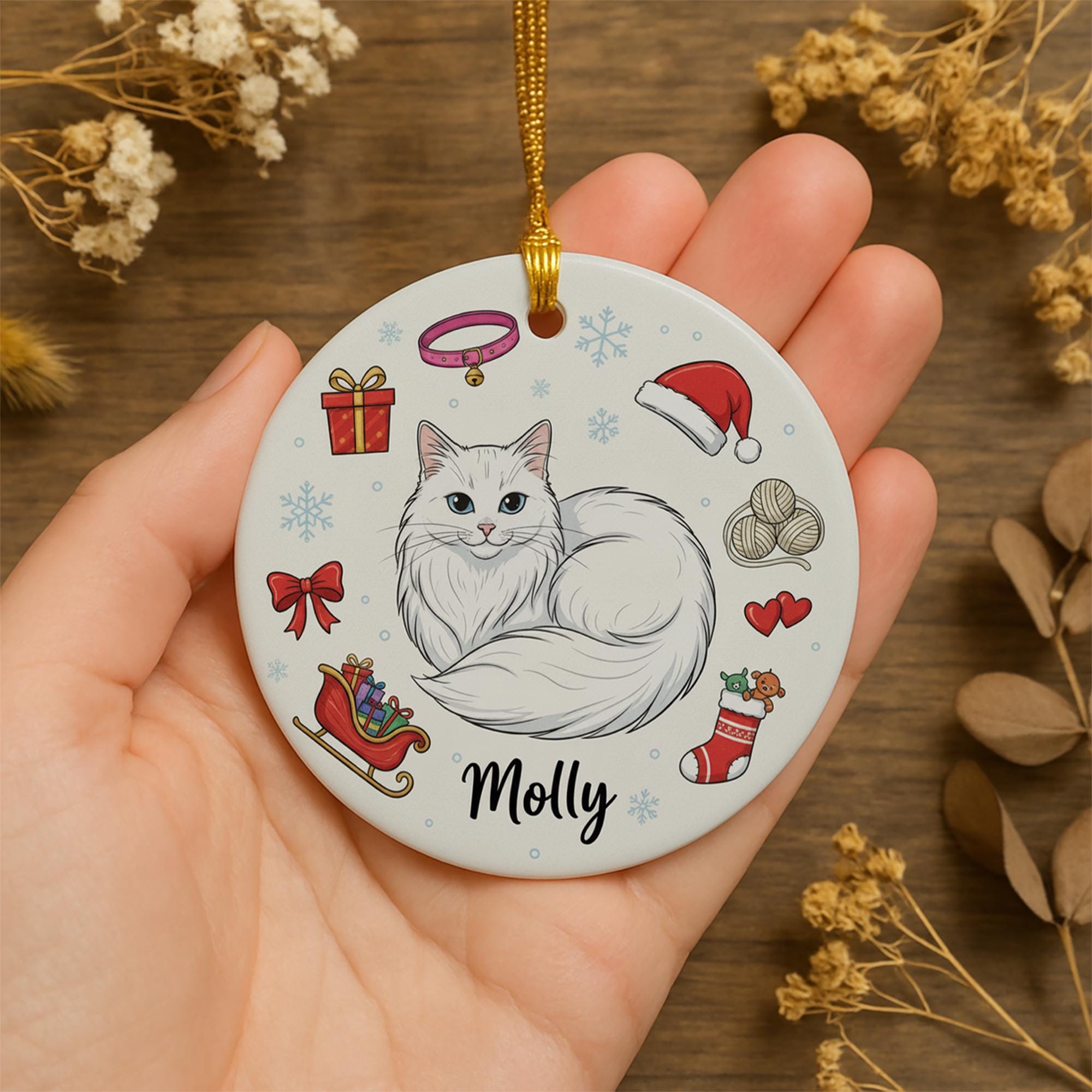 Ceramic Cat Ornament – Custom Pet Portrait with Christmas Icons