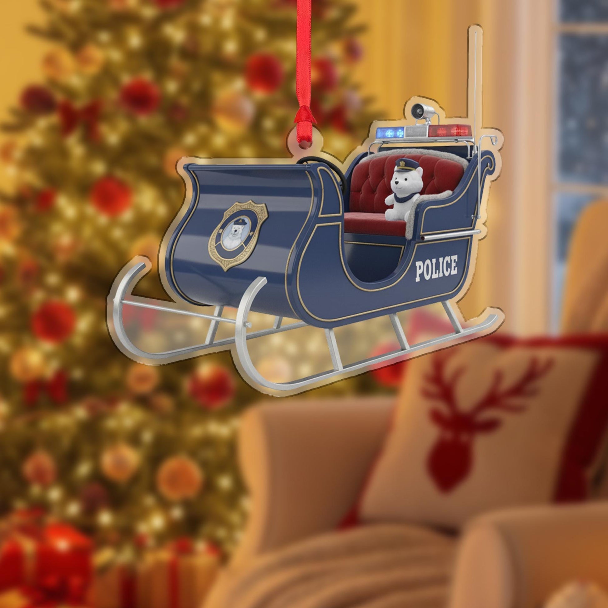 Police Sleigh Ornament with Bear – Blue Metal Sled Hanging Decor