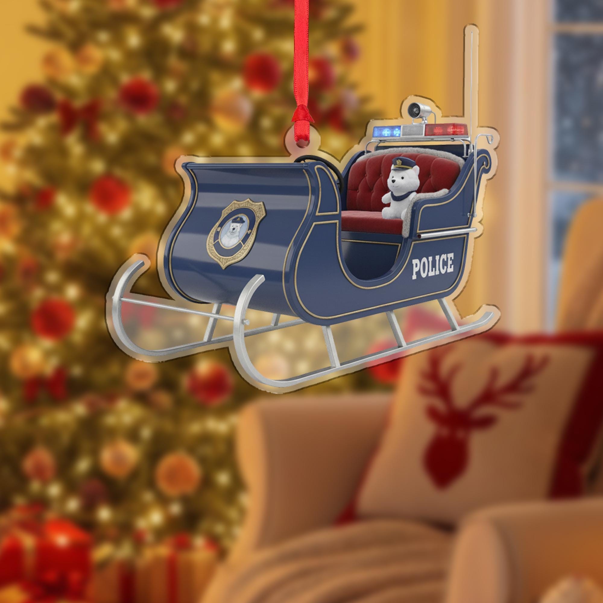 Police Sleigh Ornament with Bear – Blue Metal Sled Hanging Decor