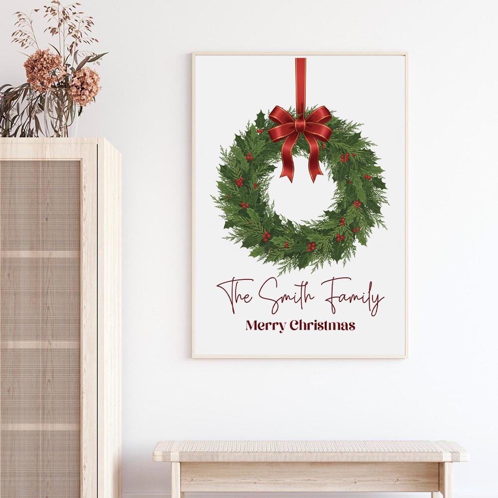 Personalized Christmas Poster – Family Name Wall Art with Wreath Design