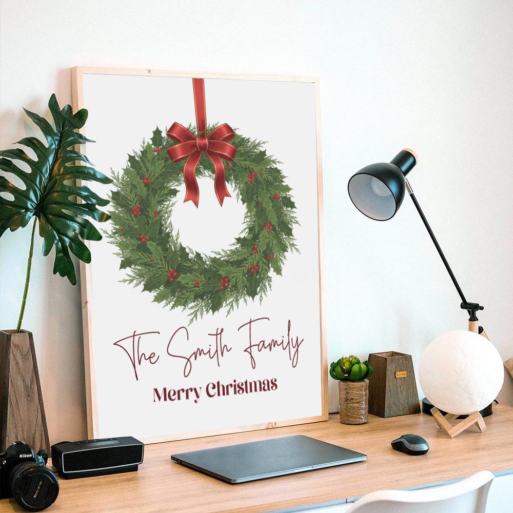 Personalized Christmas Poster – Family Name Wall Art with Wreath Design