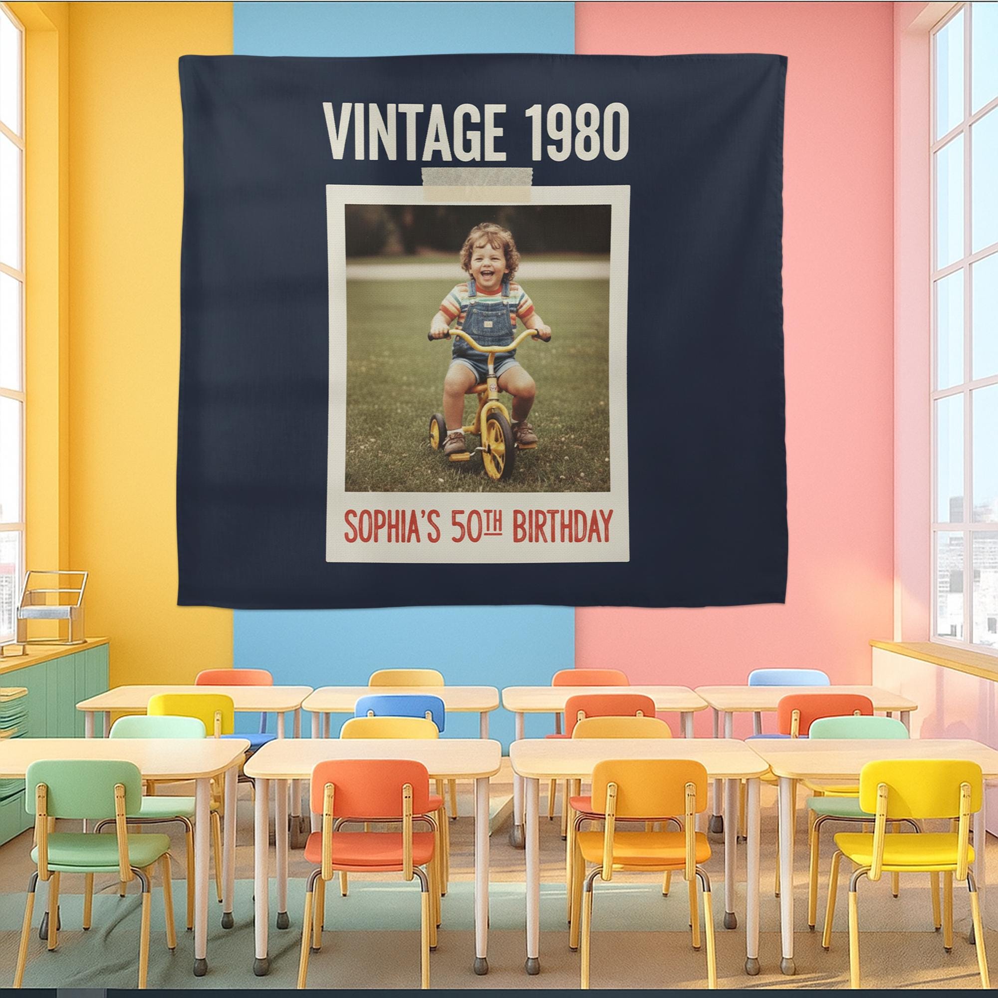 Custom Vintage Birthday Tapestry – Retro Year & Photo Gift