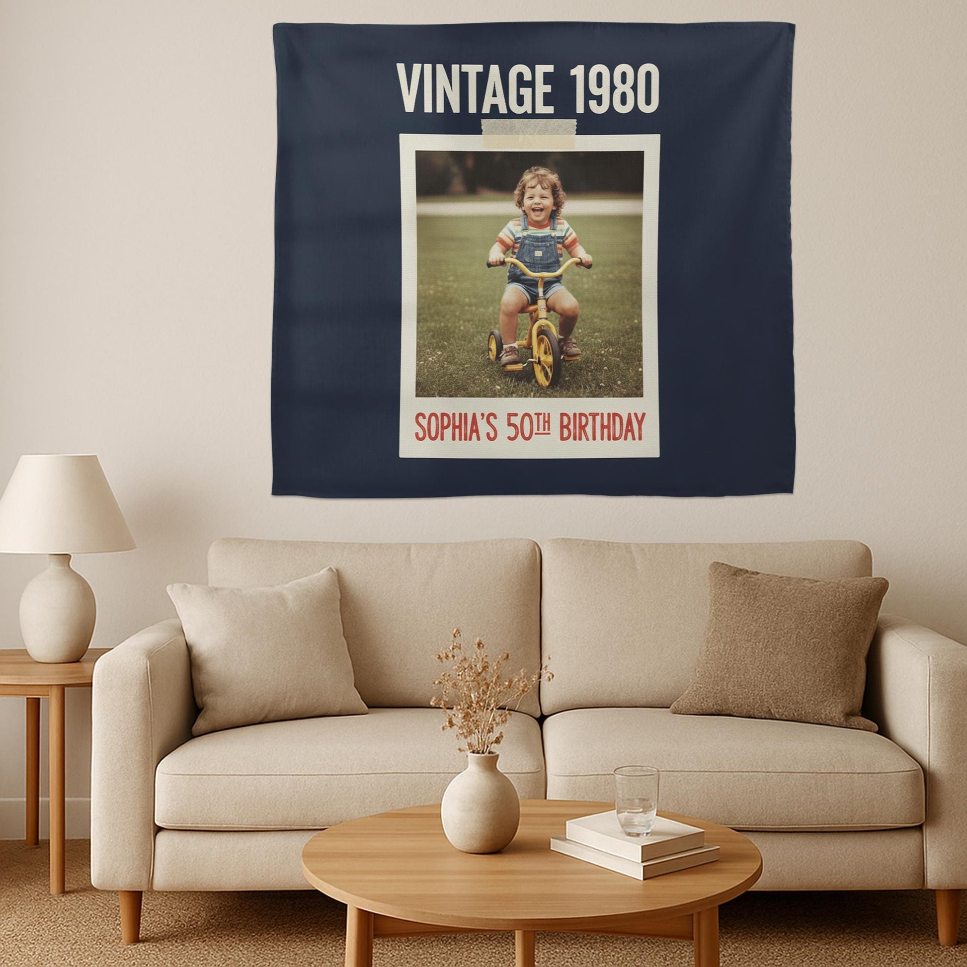 Custom Vintage Birthday Tapestry – Retro Year & Photo Gift