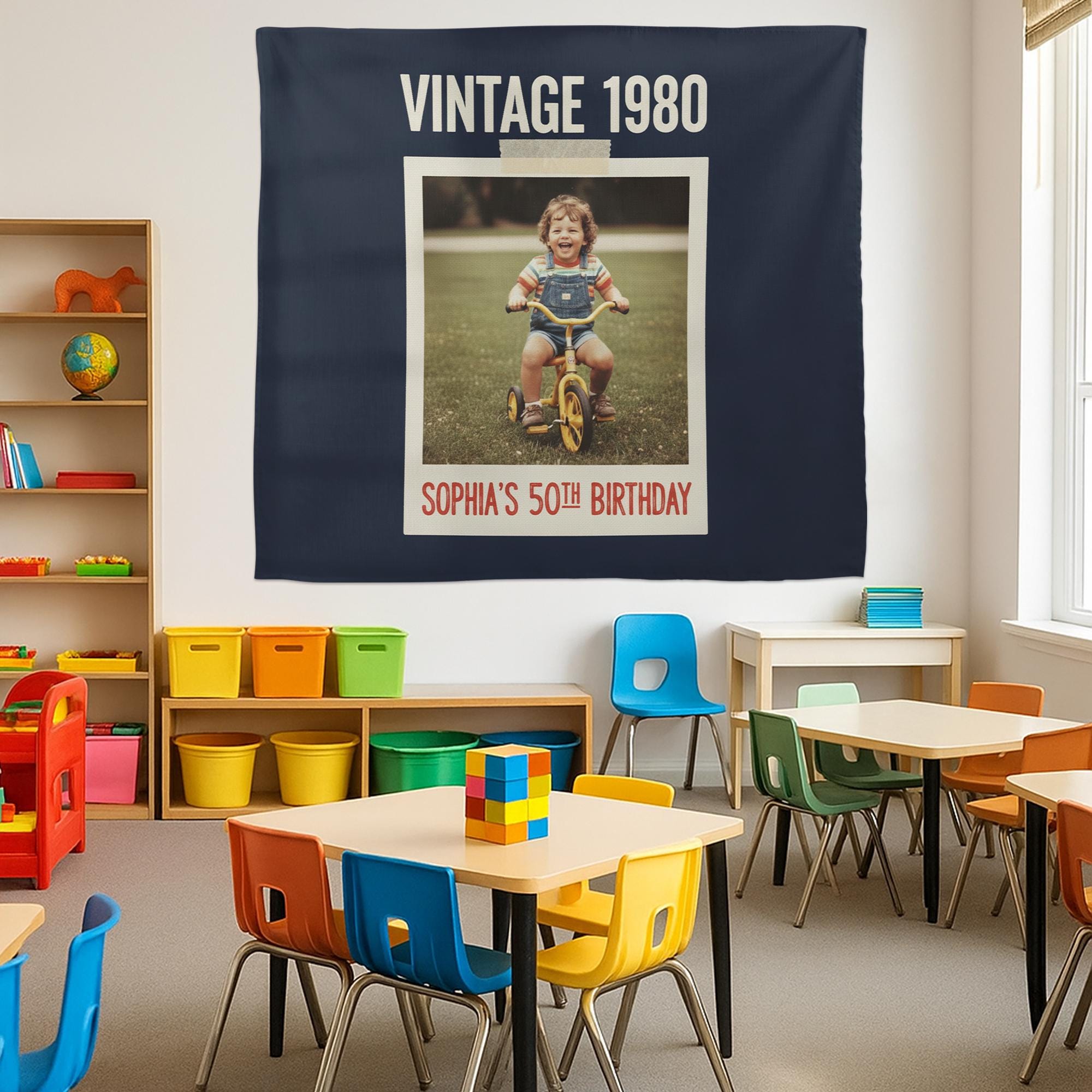 Custom Vintage Birthday Tapestry – Retro Year & Photo Gift